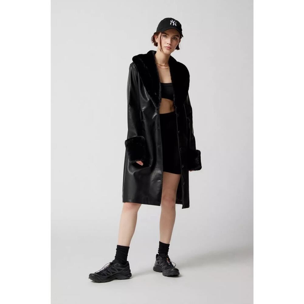 Lioness Black Faux Leather Coat with Fur Trim